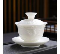 SELCOA Service à thé Kung Fu en Porcelaine Blanche, soupière en Relief de Jade Blanc, Tasses en céramique Simples Portables Dragon et phénix Gaiwan