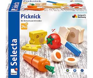 Selecta 62020 Jeu de pique-nique, différents aliments en bois, pour dinette, 13 éléments