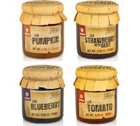 Sélection variée de confitures - Pack de 4 pots de 280 g - Saveurs uniques : Potiron, Fraise à la menthe, Myrtille, Tomate - Sans ingrédients artificiels.