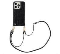 Selencia Coque de télephone Nova Croco avec cordon et porte-cartes pour Apple iPhone 15 Pro - Noir
