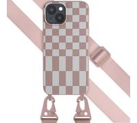 Selencia Coque design en silicone avec cordon amovible pour iPhone 15 Plus - Irregular Check Sand Pink