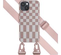 Selencia Coque design en silicone avec cordon détachable pour iPhone 15 Plus - Irregular Check Sand Pink