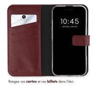 Selencia Étui portefeuille en cuir véritable pour Apple iPhone 16 - Burgundy