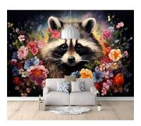 Self-adhesive Wallpaper 3D Large Wall Murals Painted Raccoon in the Flowers Art painting 100x70cm Sticker For Adults Room Picture Art Decor Paintings Living Bedroom Posters