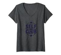 Self Club : Un Design Autonome pour Les Amateurs d'amour-Propre T-Shirt avec Col en V, Femme, Chiné Foncé, XL
