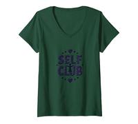 Self Club : Un Design Autonome pour Les Amateurs d'amour-Propre T-Shirt avec Col en V, Femme, Vert Forêt, XL