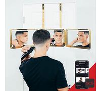 Self-Cut System King's Gold Miroir à 3 voies avec lumières LED - Miroir à 360° pour coupe de cheveux pour homme, panneau en verre plaqué or, portable à trois volets avec crochets réglables, design