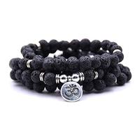 Self-Discovery 108 perles naturelles Mala Yoga Bijoux Méditation Perles Bracelet Collier avec Yoga Symbole Charme, One Size, Pierre de lave, Perles
