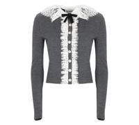 Self Portrait - Cardigan en maille avec col en dentelle - Femme - Pulls - Gris - Taille: 40 FR