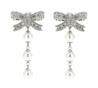 Self Portrait - Crystal Bow Pearl Droplet Earrings - Femme - Accessoires - Gris - Taille: ONE Size