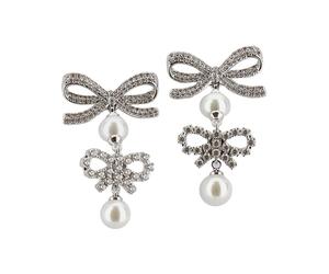 Self Portrait - Double Bow Pearl Earrings - Femme - Accessoires - Gris - Taille: ONE Size