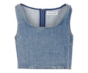 Self Portrait - Rhinestone Denim Crop Top - Femme - Tops - Bleu - Taille: 34 FR