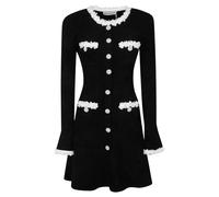 Self Portrait - Robe courte en maille chenille ornée de fleurs - Femme - Robes - Noir - Taille: 38 FR