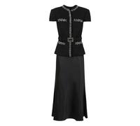 Self Portrait - Robe mi-longue en satin et bouclé ornée de cristaux - Femme - Robes - Noir - Taille: 36 FR