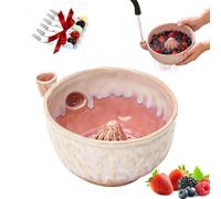 Self Rinsing Berry Washing Ceramic Bowl, 7'' Handcrafted Stoneware Fruit Rinse Bowl with Swirl-Flow Design & Built-in Drainage Holes, Multifunctional Colander for Kitchen Counter Use (Pink*A)