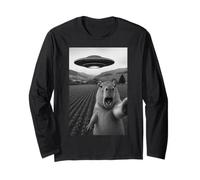 Selfie Capybara drôle avec OVNI extraterrestre pour hommes, femmes, enfants Manche Longue