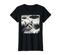Selfie Chat Rencontre Extraterrestre Vintage avec Humour Science-Fiction OVNI T-Shirt, Femme, Noir, 3XL