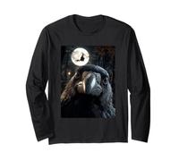 Selfie Corbeau Pleine Lune Sorcière Volante Forêt Halloween Manche Longue