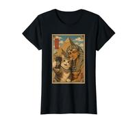 Selfie de Chat avec Pharaon aux Pyramides Art Ukiyo-e Mignon T-Shirt Graphique avec Valeur, Femme, Noir, XS