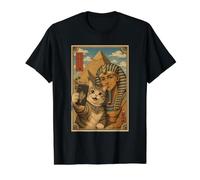 Selfie de Chat avec Pharaon aux Pyramides Art Ukiyo-e Mignon T-Shirt Graphique avec Valeur, Homme, Noir, M