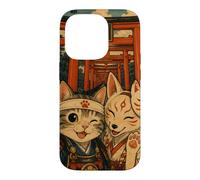 Selfie d'un Chat samouraï avec Un Kitsune sanctuaire d'Inari Coque pour iPhone 14 Pro