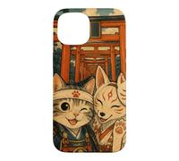 Selfie d'un Chat samouraï avec Un Kitsune sanctuaire d'Inari Coque pour iPhone 15
