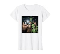 Selfie OVNI Extraterrestre Bigfoot Sasquatch Forest Cryptide Paranormal T-Shirt Graphique avec Valeur, Femme, Blanc, L