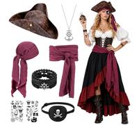 SelfTek 7 PCS Costume de Pirate Halloween pour Homme et Femme | Accessoires de Pirate con Chapeau Tricorne, Foulard, Ceinture, Bracelets, Cache œil, Collier, pour Halloween Carnaval
