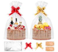 SelfTek Lot de 2 Paniers à Linge Vides en Bambou Tissé avec Sacs Enveloppants, Raphia et NœU.S à Tirer, Paniers pour Faire Des Paniers pour Douche, Anniversaire, 30 X 20 X 15 cm