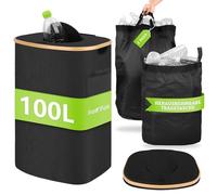 SelfTek Récipient de collecte de bouteilles de consigne de 100 l avec couvercle, grand récipient de rangement pour aliments vides et verre usagé, avec trou, poubelle de cuisine, noir