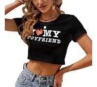 SELiLe T-shirt pour femme avec lettres imprimées « I Love My Boyfriend Crop Top Slim Casual » T-shirt à manches courtes avec col rond