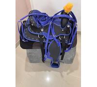 Selle de cheval Western synthétique bleue | 25,4 à 45,7 cm | Selle de cheval confortable avec ensemble de matériel | Tous les accessoires inclus | Accessoires d'équitation