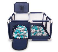Selonis Parc Bébé Avec 200 Balles Plastiques Aire De Jeu Pliable Basket, Bleu:Gris/Blanc/Turquoise