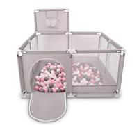 Selonis Parc Bébé Avec 200 Balles Plastiques Aire De Jeu Pliable Basket, Gris:Blanc/Gris/Rose Poudré