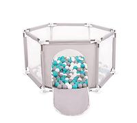 Selonis Parc Bébé Hexagonal Pliable Avec 200 Balles Plastiques, Gris:Gris/Blanc/Turquoise
