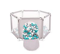Selonis Parc Bébé Hexagonal Pliable Avec 400 Balles Plastiques, Gris:Gris/Blanc/Turquoise