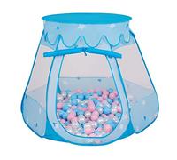 Selonis Tente 105X90cm/100 Balles Château avec Les Balles Plastiques Piscine À Balles pour Enfants, Bleu: Babyblue-Rose Poudré-Perle