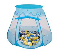 Selonis Tente 105X90cm/200 Balles Château avec Les Balles Plastiques Piscine À Balles pour Enfants, Bleu: Noir-Blanc-Gris-Bleu-Jaune
