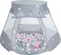 Selonis Tente de jeu pour enfants avec balles en plastique Tente 105x90cm/100 balles Boules en plastique pour enfants, gris:gris-perle-transparent-rose-poudré
