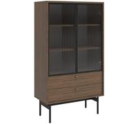 Selsey Carini Vitrine en Verre pour Salon avec Porte en Verre Basse 85 cm 2 tiroirs 3 Compartiments Noyer Olar