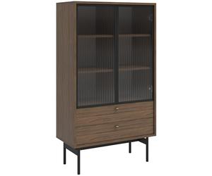Selsey Carini Vitrine en Verre pour Salon avec Porte en Verre Basse 85 cm 2 tiroirs 3 Compartiments Noyer Olar