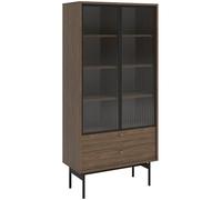 Selsey Carini Vitrine en Verre pour Salon avec Porte en Verre Haut 85 cm 2 tiroirs 4 Compartiments Noyer Olar