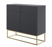 Selsey Commode Armoire 2 Portes 2 Tiroirs Façade Fraisée 100 cm sur Pieds Dorés Meuble De Rangement Noir Veldio