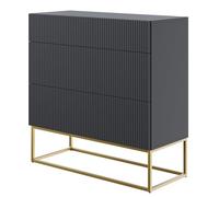 Selsey Commode Armoire 3 Tiroirs Façade Fraisée 90 cm sur Pieds Dorés Meuble De Rangement Noir Veldio