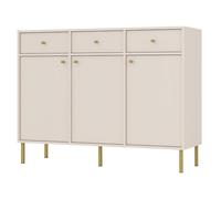 Selsey Commode Oktio 95 x 124,5 x 40,8 cm - Buffet Rangement Beige Sable - Meuble Bas Salle à Manger 3 Portes/3 Tiroirs - Design Moderne - Pieds Dorés 15 cm - Panneaux Particules Laminés 16 mm