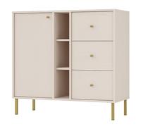 Selsey Commode Oktio 95x100,2x40,8 cm - Buffet Rangement - Beige Sable - 3 Tiroirs, Porte Battante, Niches Ouvertes - Meuble Bas Salle à Manger/Salon - Panneau de Particules - Pieds Métalliques Dorés