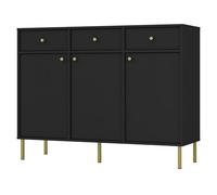 Selsey Commode Oktio 95x124,5x40,8 cm - Buffet Rangement Design Moderne en Graphite Noir 3 Portes/3 Tiroirs - Meuble Bas Salle à Manger/Salon - Étagères Solides - Pieds Métalliques Dorés 15 cm