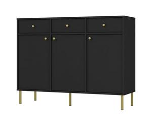 Selsey Commode Oktio 95x124,5x40,8 cm - Buffet Rangement Design Moderne en Graphite Noir 3 Portes/3 Tiroirs - Meuble Bas Salle à Manger/Salon - Étagères Solides - Pieds Métalliques Dorés 15 cm