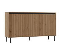 Selsey Commode Osaka 84,7 x 148,6 x 40 cm - Buffet Rangement en Bois Mélaminé - 3 Portes, Façades Nervurées - Meuble Bas Salle à Manger/Salon - Beige, Pieds Métalliques Noirs, Style Moderne