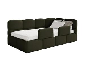 Selsey Lit Enfant 120x200cm Vert Olive Tissu Bou vec Rangement et Sommier, Cadre Rembourré avec Coffre, 2 Barrières de Sécurité, Tête de Lit d'angle côté Droit, 120x200 pour Chambre Enfant